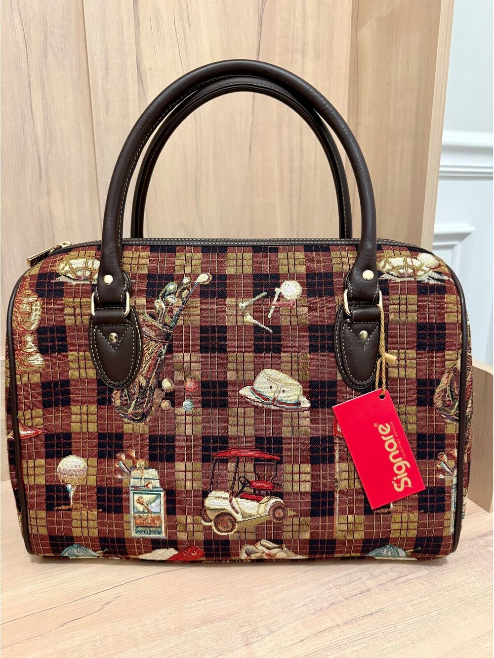 Signare Golf Tapestry Satchel Handbag Brown Plaid Bowler Bag NWT
